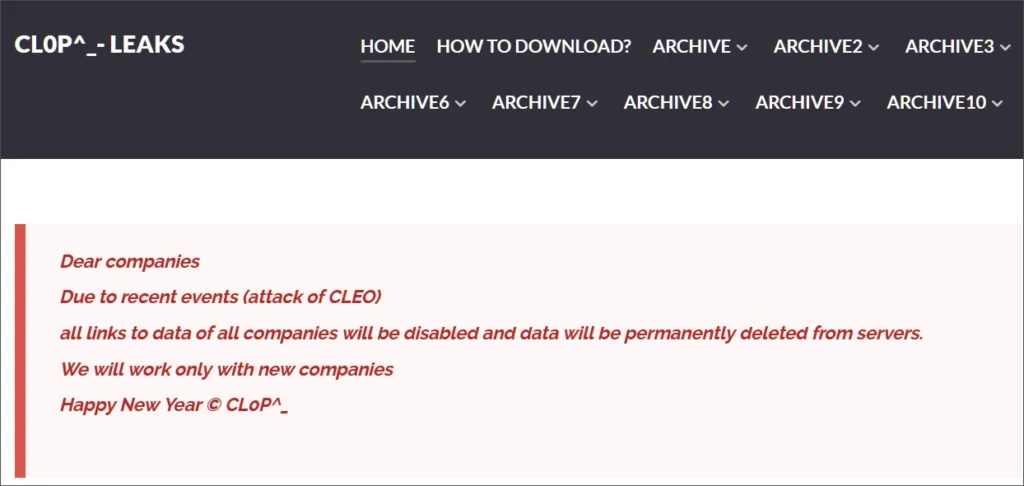 Message on the CL0P^_- LEAKS extortion site